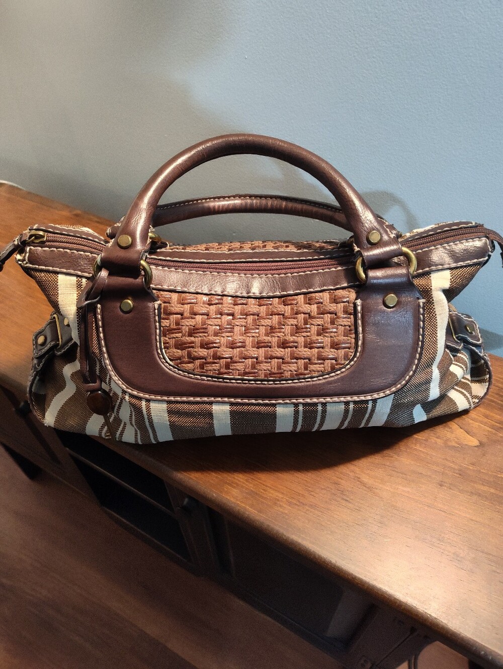Fossil Brown Woven-Front Shoulder Bag with Striped Canvas